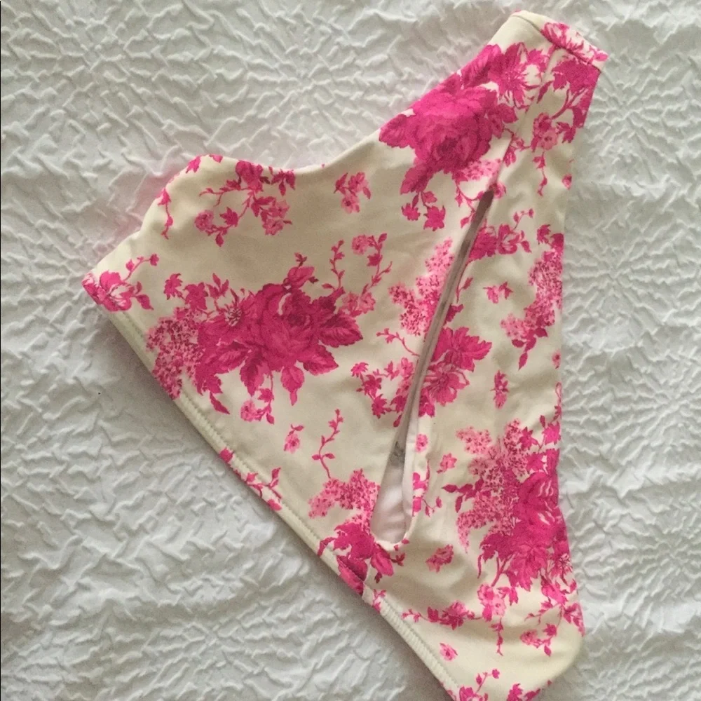 Frankie's Bikinis White and Pink One-Shoulder Cutout Bikini Top
